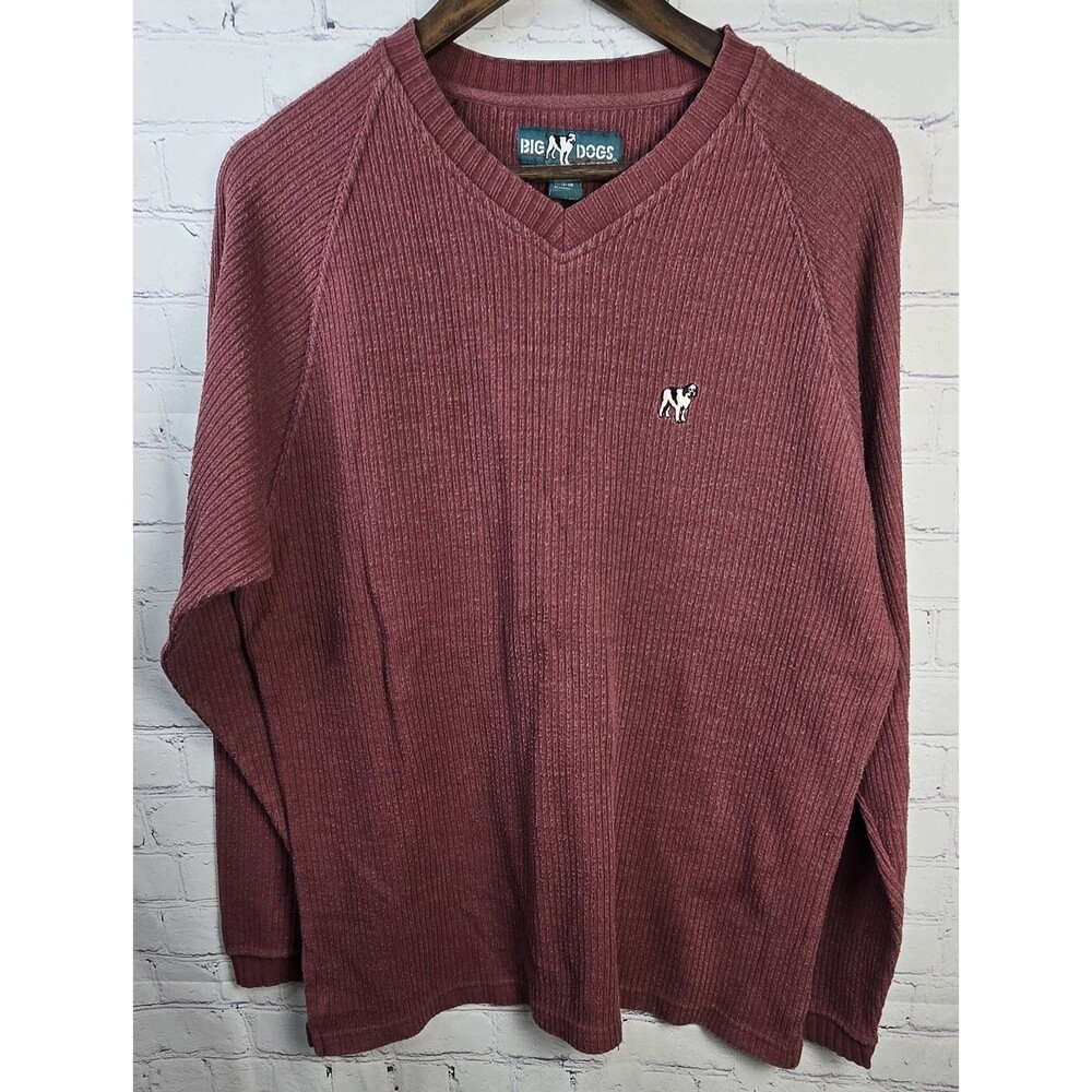 Vintage 90s Big Dogs Men's L Burgundy Logo Waffle V Neck Sweater Y2K Classic